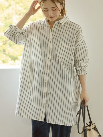 微透素面/條紋長版襯衫(0H000788700) - AMERICAN HOLIC
