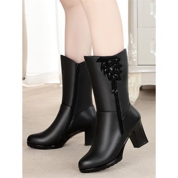 皮嘟嘟鞋店百搭女真皮羊毛中筒靴冬高跟士中靴媽媽鞋厚底大棉靴子