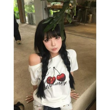 美式復古辣妹斜肩短袖T恤女夏季新款寬松水果印花一字領露肩上衣