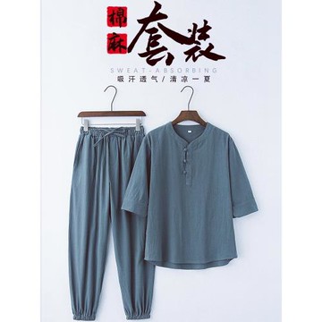 居士服佛系禪修棉麻套裝道服男夏季中式古風漢服禪意打坐唐裝茶服