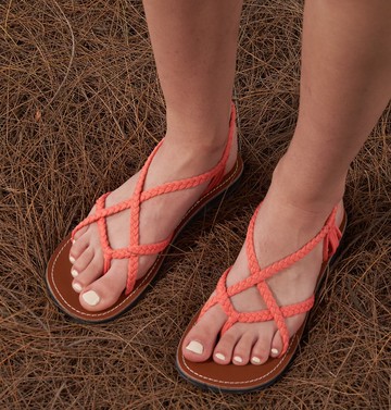 女士手工編織平底綁帶涼鞋，秋季鮭魚粉色。