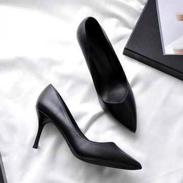 V口職業啞光黑色高跟鞋女細跟尖頭淺口禮儀鞋OL通勤高跟單鞋女5cm