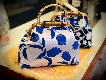 復古青花瓷鬱金香年輕款織錦緞方鎖口金晚宴包斜挎包
