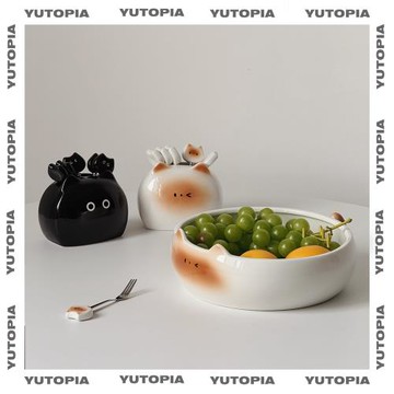 嶼軒暹羅貓水果叉收納罐家用可愛不銹鋼陶瓷水果簽兒童安全小叉子