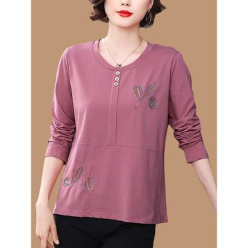 大碼長袖t恤女春秋薄款寬松純棉秋衣媽媽繡花上衣打底體桖衫外穿