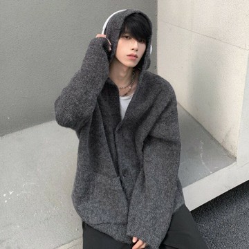 深灰色針織開衫毛衣男秋季潮牌美式高級感慵懶風連帽上衣休閑外套鑫弘-衣錦男裝