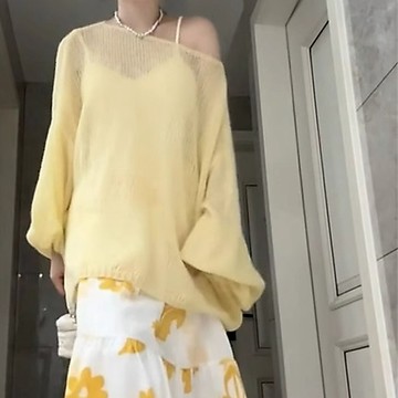 【顯白薄款】淺黃色針織衫 長袖慵懶防曬上衣 透膚罩衫 上衣女 防曬罩衫 長袖罩衫 黃色上衣 黃色罩衫 紗網上衣 透紗 透