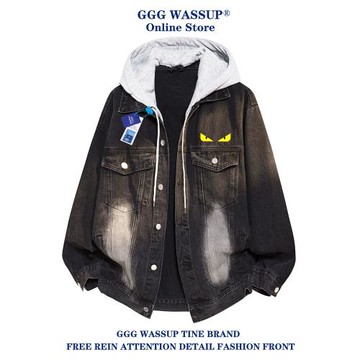 GGG Wassup小怪獸牛仔外套男秋季美式復古潮牌可拆卸連帽夾克上衣