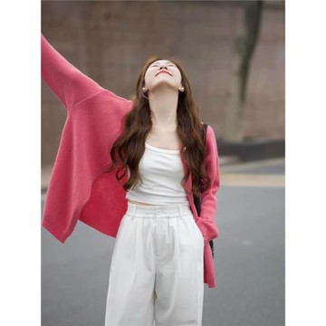 慵懶韓系薄款樹莓粉針織開衫女秋季中長款寬松上衣毛衣外套女