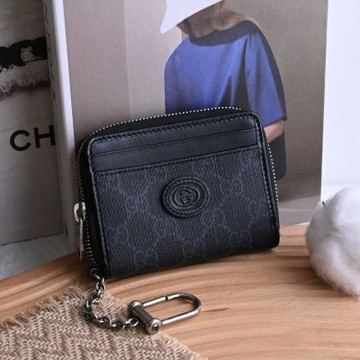 GUCCI 古馳  經典品牌印花ㄇ字拉鍊短夾(黑灰-附金屬掛鍊)