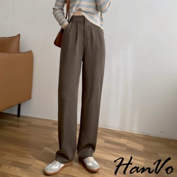 【HanVo】超修飾!垂墜感打褶西裝寬褲 百搭休閒寬褲 高挑顯瘦 闊腿寬褲 薄長褲女 女生長褲 A04-2569