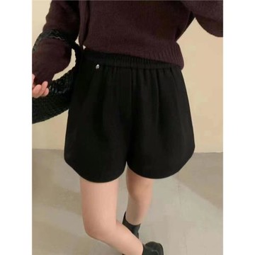 松緊高腰毛呢闊腿短褲女歐貨2025春秋新款寬松休閑a字短褲靴褲