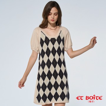 【新年爆殺價↘$588】格子短袖線衫洋裝 (米白) - BLUE WAY ET BOITE箱子