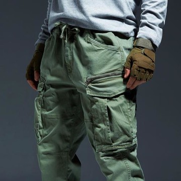 香港潮牌工裝褲男寬松束腳褲大口袋松緊腰春秋款彈力多袋休閑褲子
