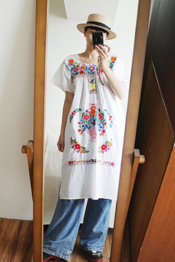 Vintage 墨西哥手工花鳥刺繡洋裝