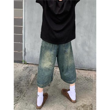 美式街頭復古水洗做舊牛仔短褲女夏季百搭寬松五分中褲闊腿七分褲