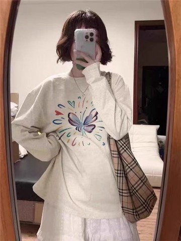 女生上衣 純棉Chic早秋白灰色春秋新款長袖t卹女寬鬆內搭打底衫上衣潮