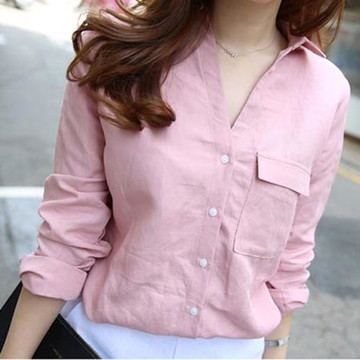 春秋新款長袖粉色V領襯衫女韓版百搭純棉顯瘦洋氣上衣襯衣設計感