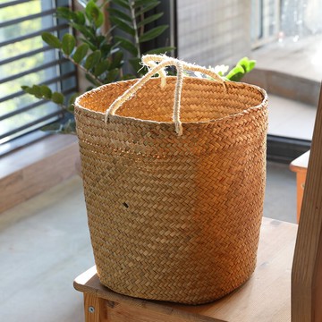 手工草編織收納筐 圓形手提籃客廳玩具收納籃 現代裝飾花盆套創意