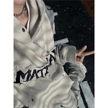 達蒙島小眾做舊刺繡oversize連帽衛衣情侶裝復古高街帽衫外套男女