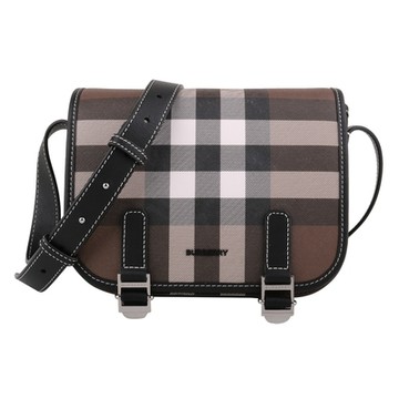 BURBERRY 防刮PVC格紋雙皮帶釦翻蓋斜背郵差包(咖啡色)小