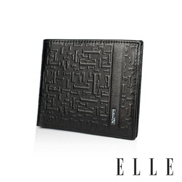 【ELLE HOMME】ELLE真皮浮雕款3卡上翻3窗格 皮夾/男夾/短夾(黑色)
