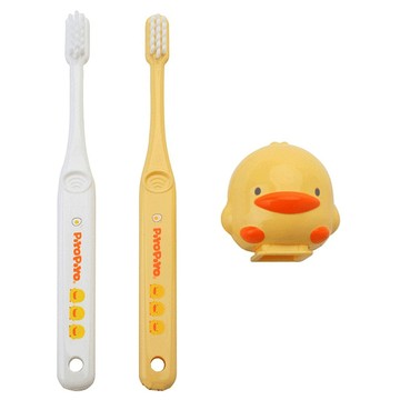 PiYOPiYO 黃色小鴨 幼兒牙刷組 毛尖圓潤光滑 不傷齒齦及法瑯質 小巧刷頭 附造型保潔盒  白色 + 黃色  2支  1組