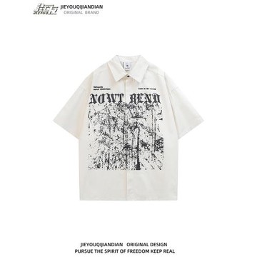 vintage嘻哈樹影涂鴉印花短袖襯衫男女潮牌街頭oversize半袖襯衣