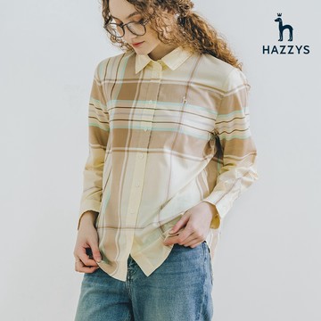 【HAZZYS】女款黃米色細滑透氣英倫格紋拼接設計時尚長袖格紋襯衫 YBXKA020