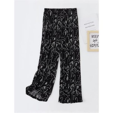 真絲直筒褲高腰顯瘦8分褲女寬腿褲印花百搭大碼休閑褲薄款闊腿褲