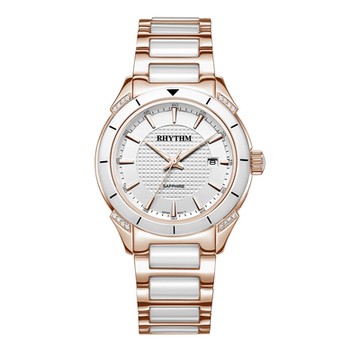 RHYTHM日本麗聲 經典城市品味日期顯示陶瓷腕錶-玫瑰金/43.5mm