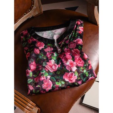 中老年媽媽裝桑蠶絲印花襯衫女新款小衫上衣中年婦女真絲真絲襯衣