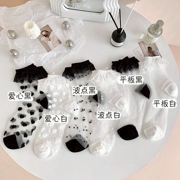 D137 黑白玻璃絲花邊女襪 夏季蘿莉塔學院風 可愛蕾絲 少女水晶絲長襪