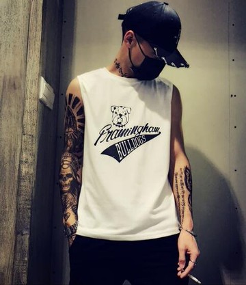 FINDSENSE MD 日系 潮 男 寬鬆 街頭時尚 小狗字母印花 特色無袖T恤 背心 上衣 圖案背心