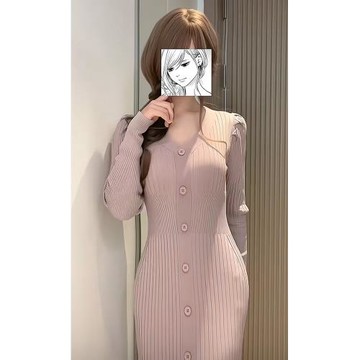 小泡芙日系冬季女裝甜美溫柔風純色V領長袖修身針織魚尾連衣長裙