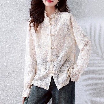 中大尺碼 襯衫 蕾絲刺繡新中式盤扣襯衫【074667】MAR26｜1色2碼  19LADY〔現貨〕