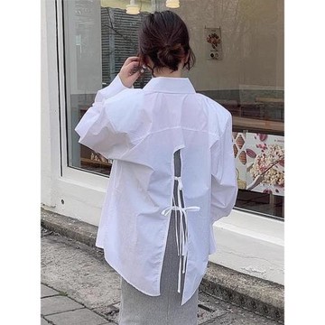 韓國chic夏季小眾設計感翻領后背鏤空系帶寬松薄款長袖防曬襯衫女