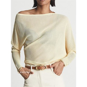 RS英國時尚氣質斜領不對稱設計感女士寬松長袖上衣彈力套頭針織衫