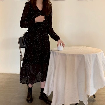 復古氣質碎花連衣裙女秋季新款V領收腰時尚休閑中長裙送腰繩1入