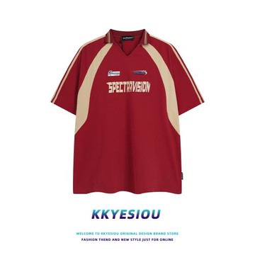 KKyesiou美式潮牌拼接紅色短袖T恤男女學院風字母印花polo衫體恤