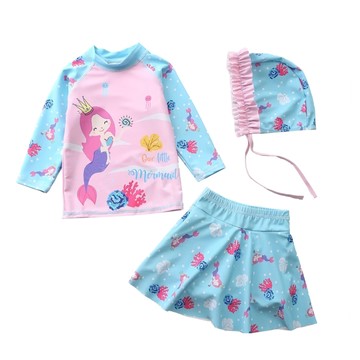 女童長袖褲裙式泳衣組 抗紫外線  S  藍色