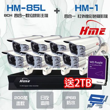 [昌運科技] 環名組合 HM-NT85L 8路錄影主機+HM-M1 200萬管型攝影機*8  送2TB
