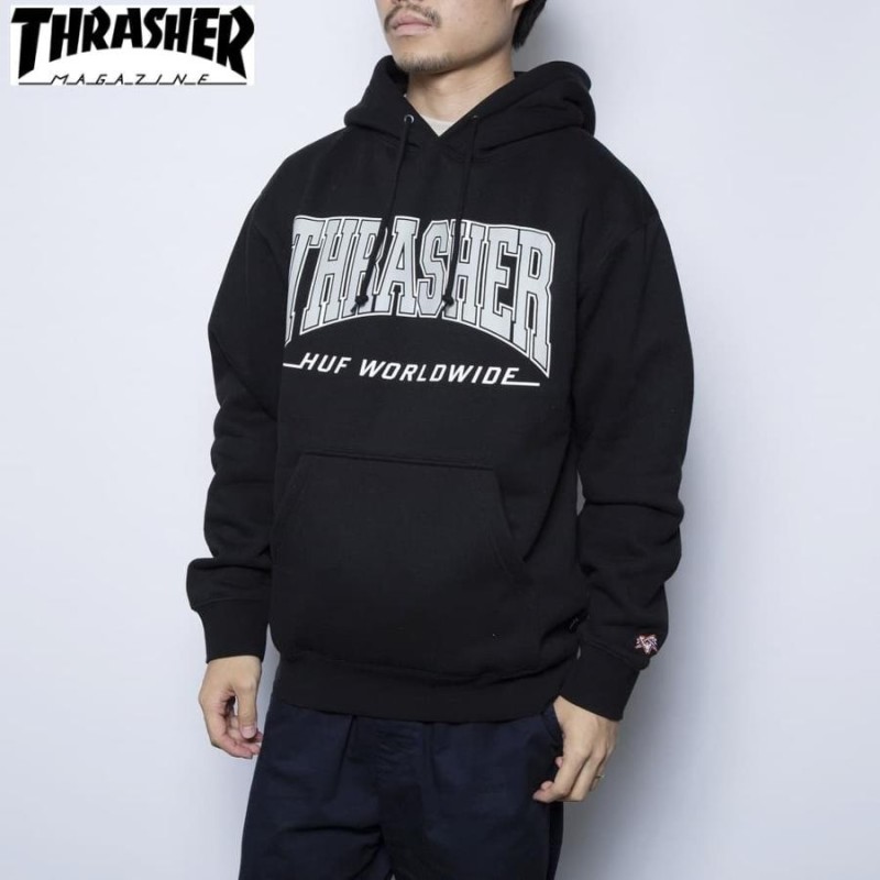 スラッシャー パーカー メンズ HUF×THRASHER ハフ×スラッシャー THRASHER HUF×THRASHERダブルネーム プルオーバー  裏起毛 Mサイズ ブラック | LINEブランドカタログ