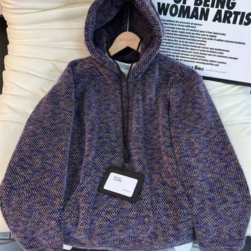 美式紫色毛絨針織連帽大學T男冬季小眾設計感重磅帽T情侶外套男