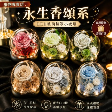 廢物專賣店  永生香頌系 LED玻璃鐘罩 永生玫瑰小夜燈 乾燥花 玫瑰花束 生日禮物 情人節花束 聖誕節禮物 畢業禮物