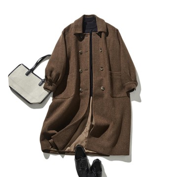 知性大人感 100%羊毛雙排扣長版大衣 棕色 231208-3