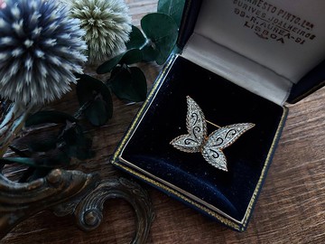 現貨在台-Panetta扭絲金邊銀蝶胸針【美國老件珠寶】