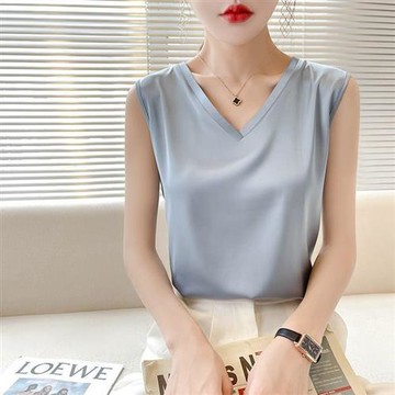 現貨秒發 頂級法式緞面背心絲質上衣名媛絲綢冰絲絲質襯衫(修身V領純色女素色上衣8色a1ep9)