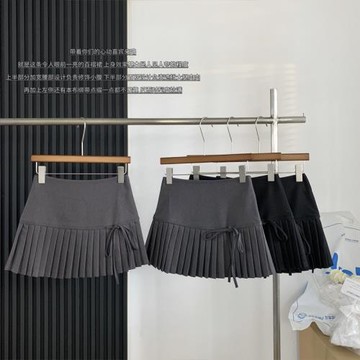 灰色百褶裙半身裙女春秋新款設計感系帶高腰顯瘦a字裙氣質短裙子