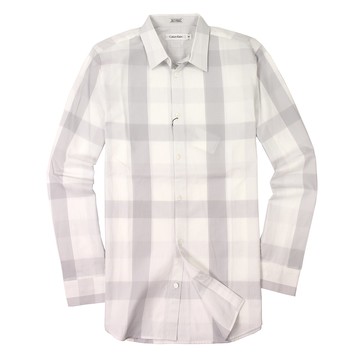 美國百分百【全新真品】Calvin Klein 襯衫 CK 長袖 上衣 白灰 麻紗 春夏 薄 格紋 男 S M號 A927